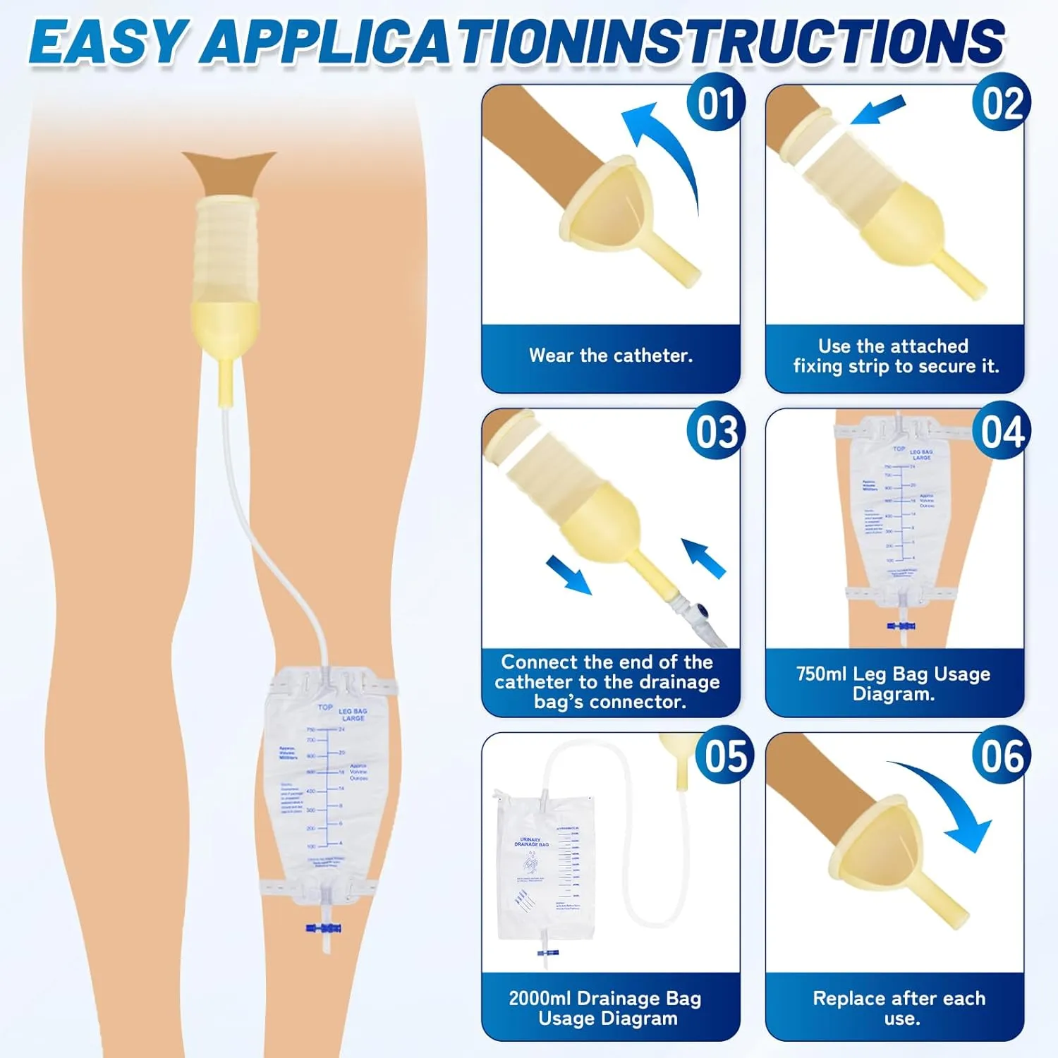 10 Pack Latex Catheter Set with 2000ml Urinary Drainage Bag and 750ml Leg Bag for Day and Night Use, External Self-Sealing Adhesive Strips, Easy Drainage, Leak Proof for Male(40mm)