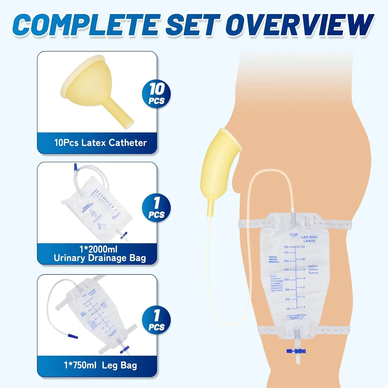 10 Pack Latex Catheter Set with 2000ml Urinary Drainage Bag and 750ml Leg Bag for Day and Night Use, External Self-Sealing Adhesive Strips, Easy Drainage, Leak Proof for Male(40mm)