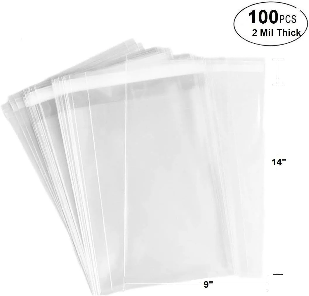 100 Bags - 9" x 14" Crystal Clear Protective Closure Bags with Self Adhesive Flap - Clear Resealable Cello/Cellophane Bags Good for Bakery, Candle, Soap, Cookie Poly Bags, in 2Mil Thickness