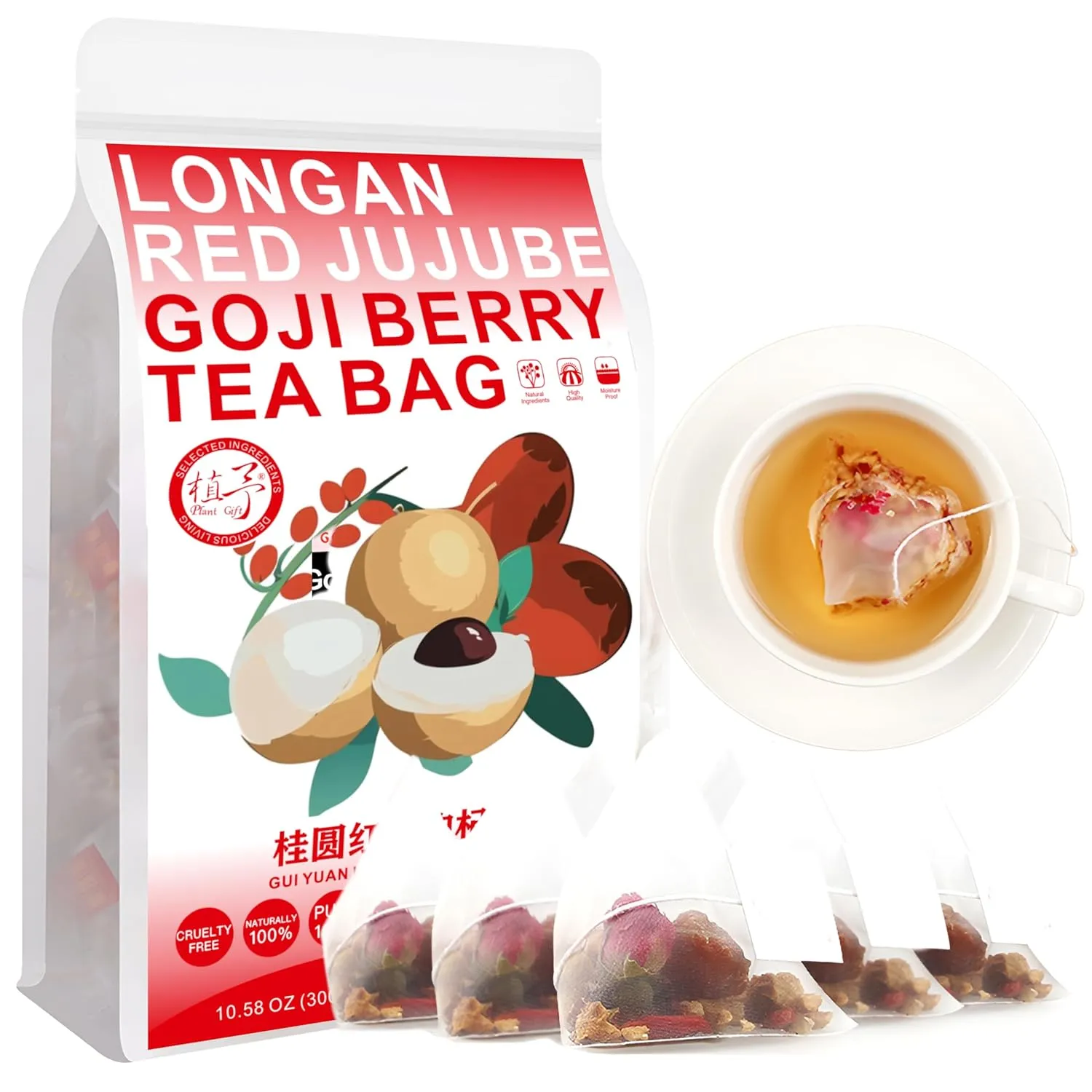 100% Longan Goji Red Jujube Berry Tea Bag, GUI YUAN HONG ZAO GOU QI CHA 300g/10.58oz (6g*50bags), Combination Of Flower And Tea Fruit Tea In Bags 桂圆红枣枸杞茶
