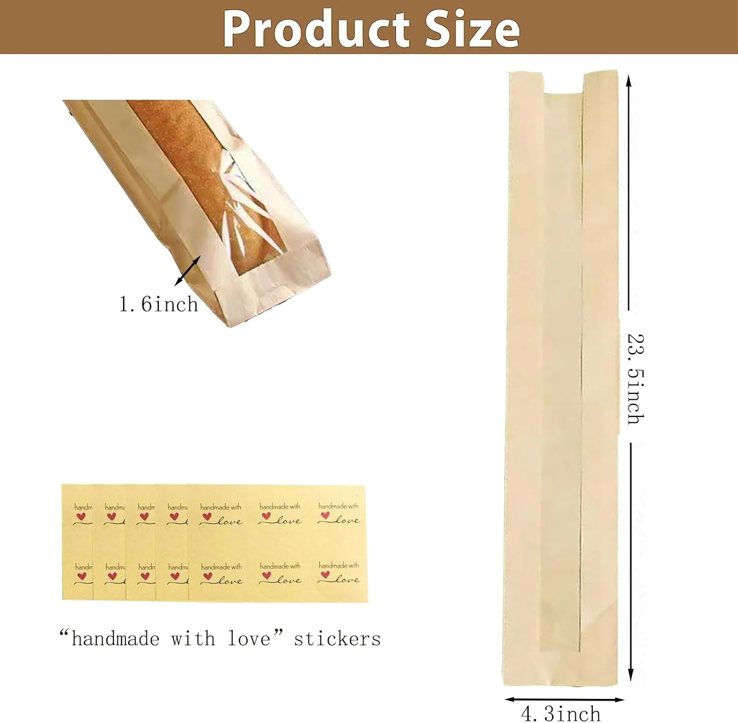 100 Pack Baguette Bags,Kraft Paper Bread Bags for Homemade Bread, Long French Bread Bags with Clear Front Window(23.5 x 4.3 x 1.6 Inch)