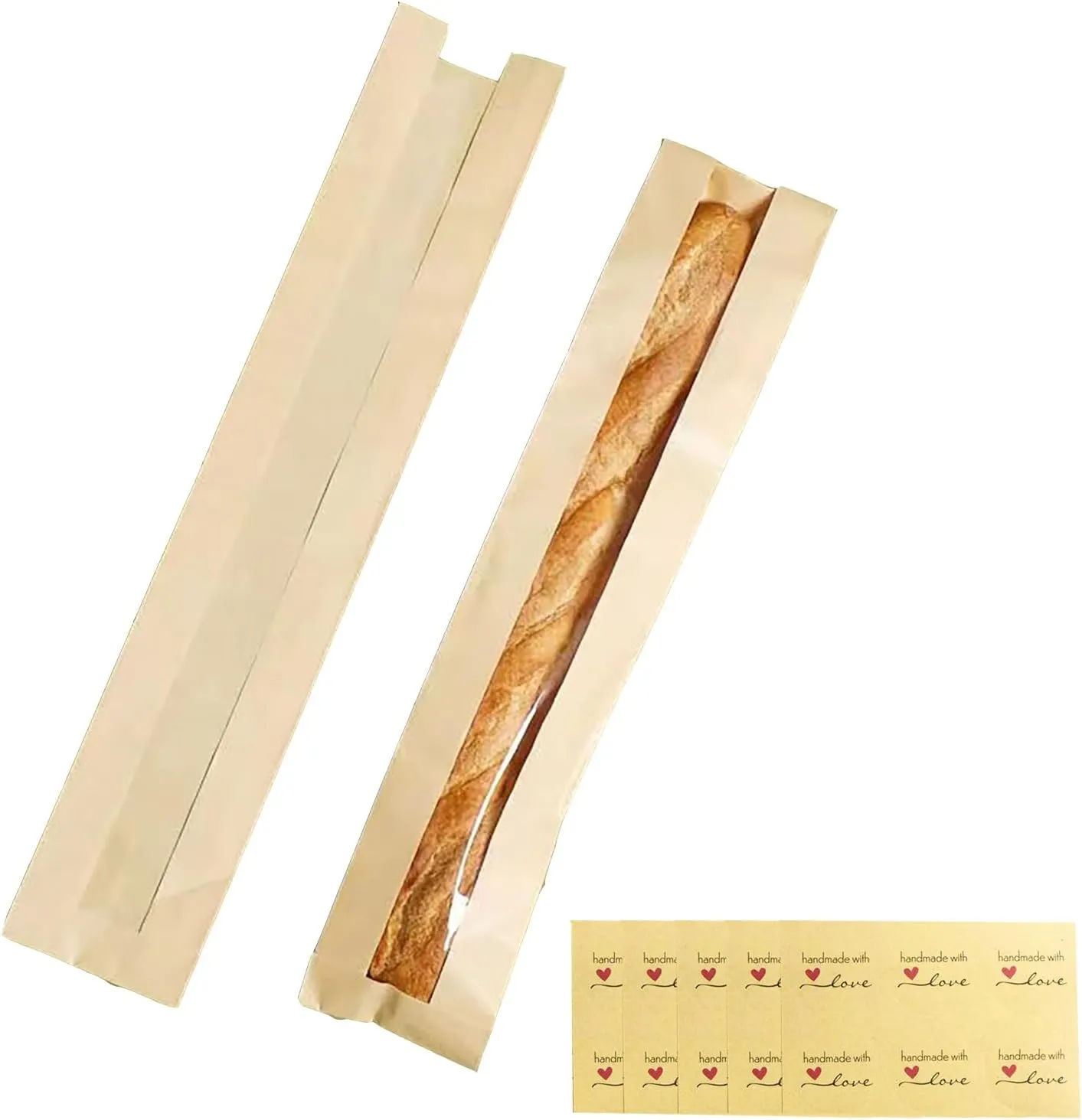100 Pack Baguette Bags,Kraft Paper Bread Bags for Homemade Bread, Long French Bread Bags with Clear Front Window(23.5 x 4.3 x 1.6 Inch)