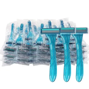 100 Pack Disposable Razors Individually Wrapped, Razors Bulk, Twin Stainless Steel Blade Razors for Hotel, Travel, Airbnb, Homeless (Blue)