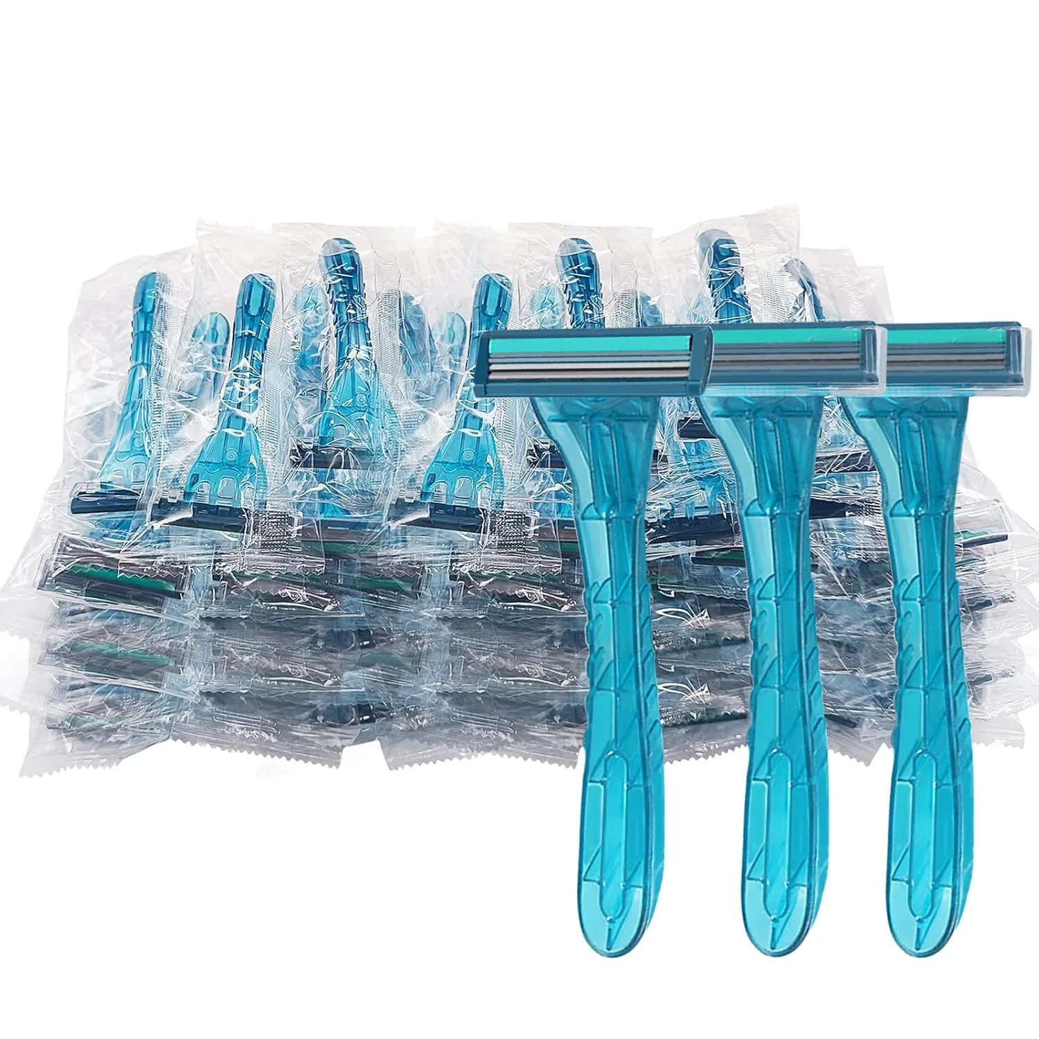 100 Pack Disposable Razors Individually Wrapped, Razors Bulk, Twin Stainless Steel Blade Razors for Hotel, Travel, Airbnb, Homeless (Blue)