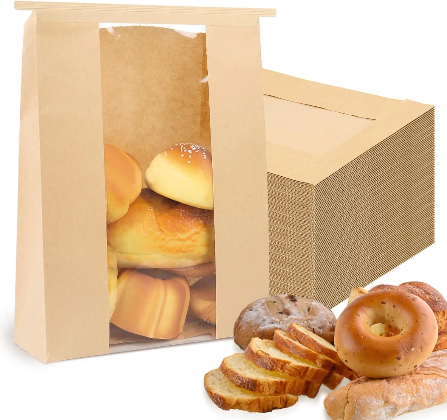 100 Pack Paper Bread Bags for Homemade, Sourdough Bread Bags with Clear Window Includes Tin Strip, Bakery Packaging Storage for Cookies Snack (13.7x8.2x3.5 inch)