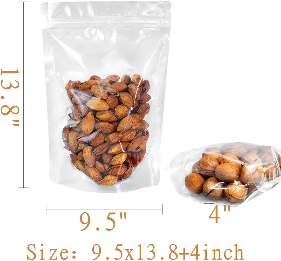 100 Pack Smell Proof Mylar Bags 9.5x13.8 4inch, Resealable Stand Up Food Storage Bags Clear Reusable Self Seal Zipper Lock Mylar Bags for Food, Seeds, Pills