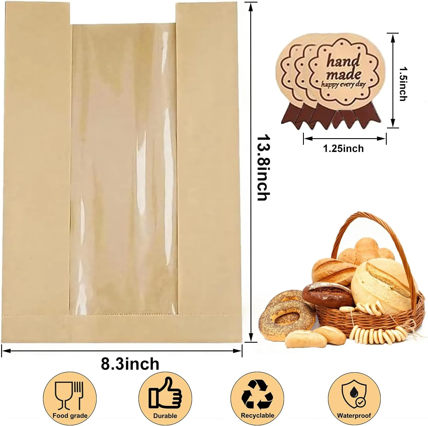 100 Pack thicker Large Kraft Paper Bread Loaf Bags, for Homemade Bread (13.7x8.26x3.54in). with Window Bread bags & 125pcs Sealing Stickers,Suitable for Packaging and Storage of Baked Goods