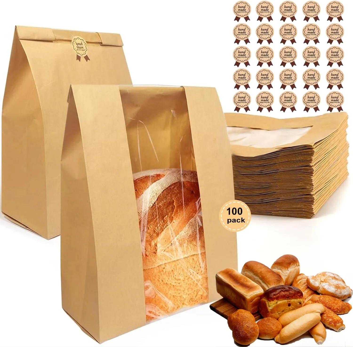 100 Pack thicker Large Kraft Paper Bread Loaf Bags, for Homemade Bread (13.7x8.26x3.54in). with Window Bread bags & 125pcs Sealing Stickers,Suitable for Packaging and Storage of Baked Goods