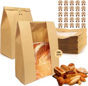 100 Pack thicker Large Kraft Paper Bread Loaf Bags, for Homemade Bread (13.7x8.26x3.54in). with Window Bread bags & 125pcs Sealing Stickers,Suitable for Packaging and Storage of Baked Goods