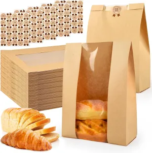 100 Pcs Bread Bags for Homemade, ROOKEA Sourdough Bread Bags with Window for Baked Paper Packaging with Sealing Stickers Bakery Cookie Food Snack Storage Large Kraft Paper 13.7x8.2x3.5 inch