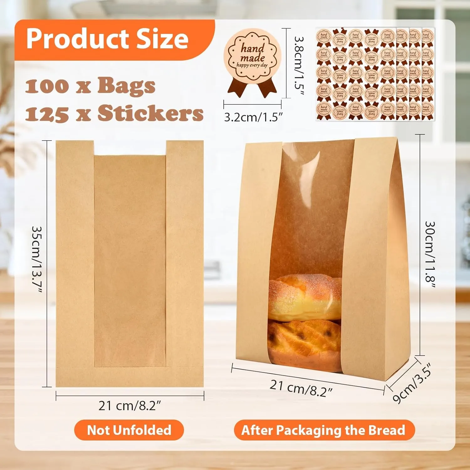 100 Pcs Bread Bags for Homemade, ROOKEA Sourdough Bread Bags with Window for Baked Paper Packaging with Sealing Stickers Bakery Cookie Food Snack Storage Large Kraft Paper 13.7x8.2x3.5 inch