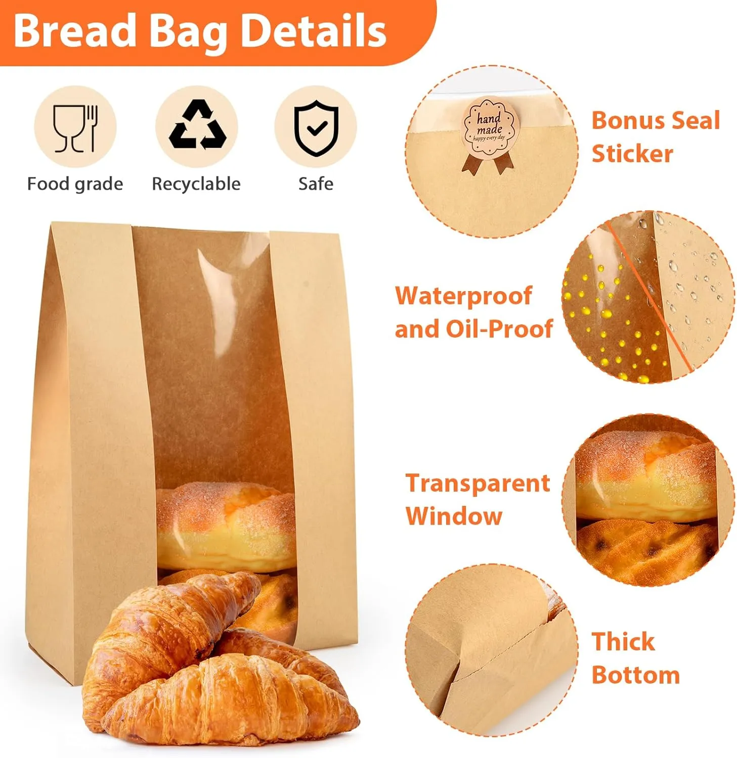 100 Pcs Bread Bags for Homemade, ROOKEA Sourdough Bread Bags with Window for Baked Paper Packaging with Sealing Stickers Bakery Cookie Food Snack Storage Large Kraft Paper 13.7x8.2x3.5 inch