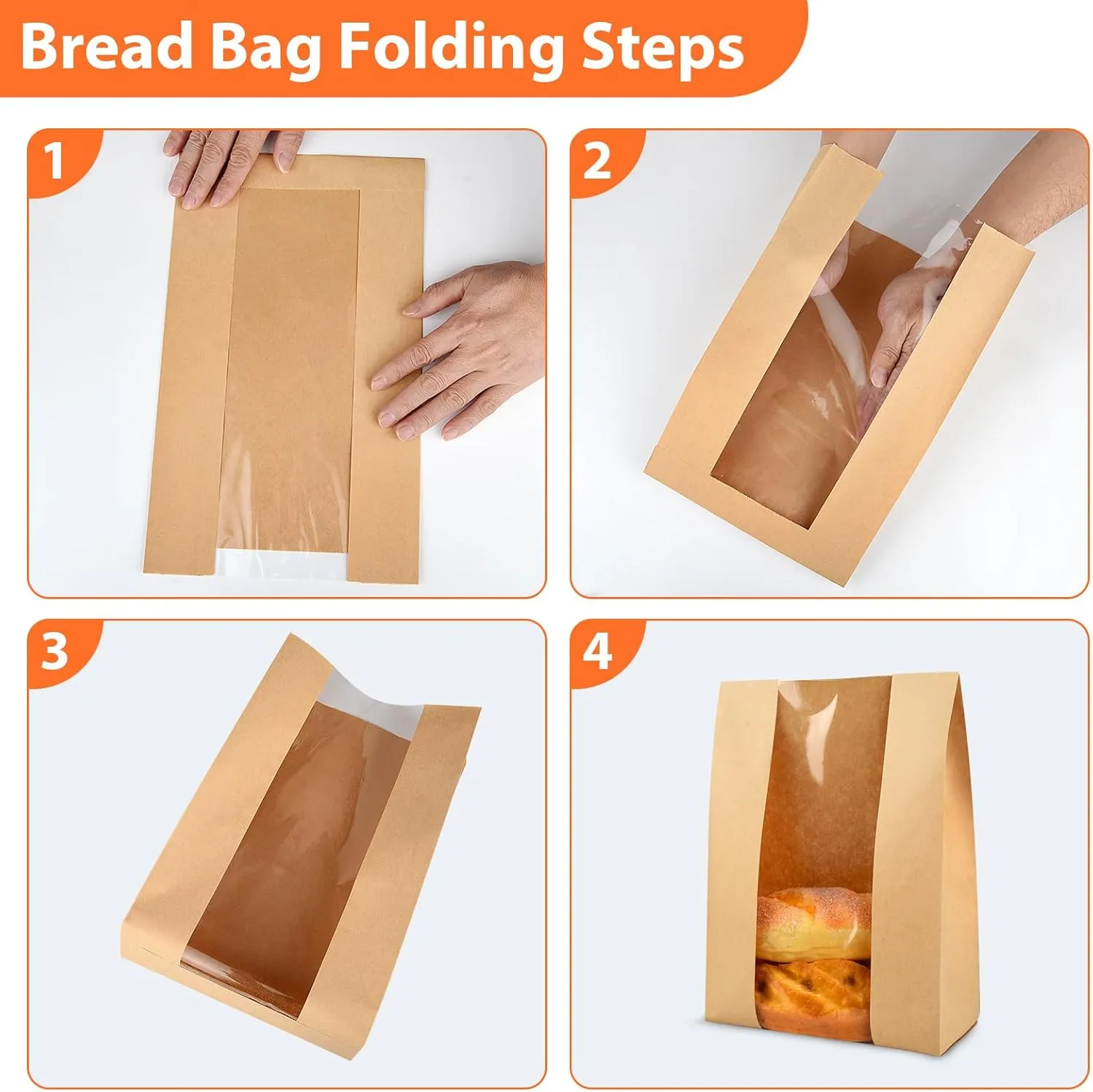 100 Pcs Bread Bags for Homemade, ROOKEA Sourdough Bread Bags with Window for Baked Paper Packaging with Sealing Stickers Bakery Cookie Food Snack Storage Large Kraft Paper 13.7x8.2x3.5 inch