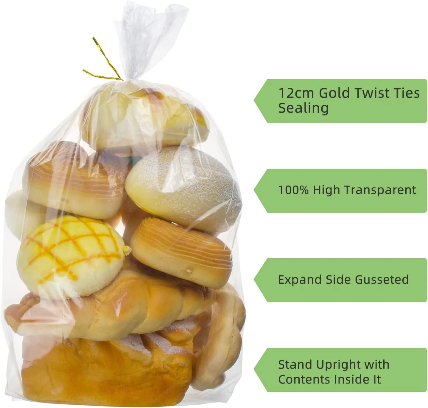 100 Pcs Bread Bags with Ties - 8" x 18" Clear Gusseted Bread Bags for Homemade Bread and Bakery Loaf