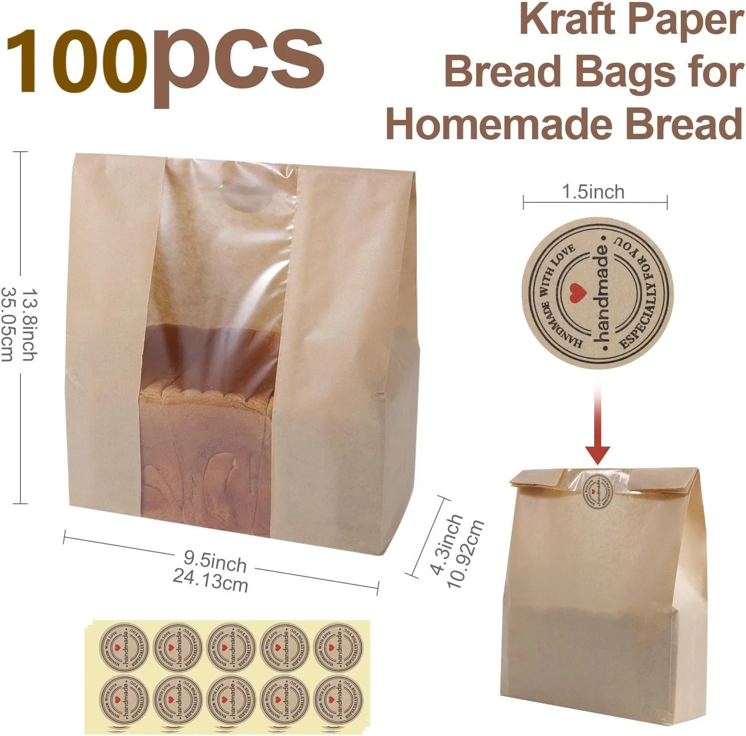 100 Pcs Bread Bags With Window for Homemade Sourdough - Large 13.8 x 9.5 Inches Paper Storage Bags for Home Kitchen
