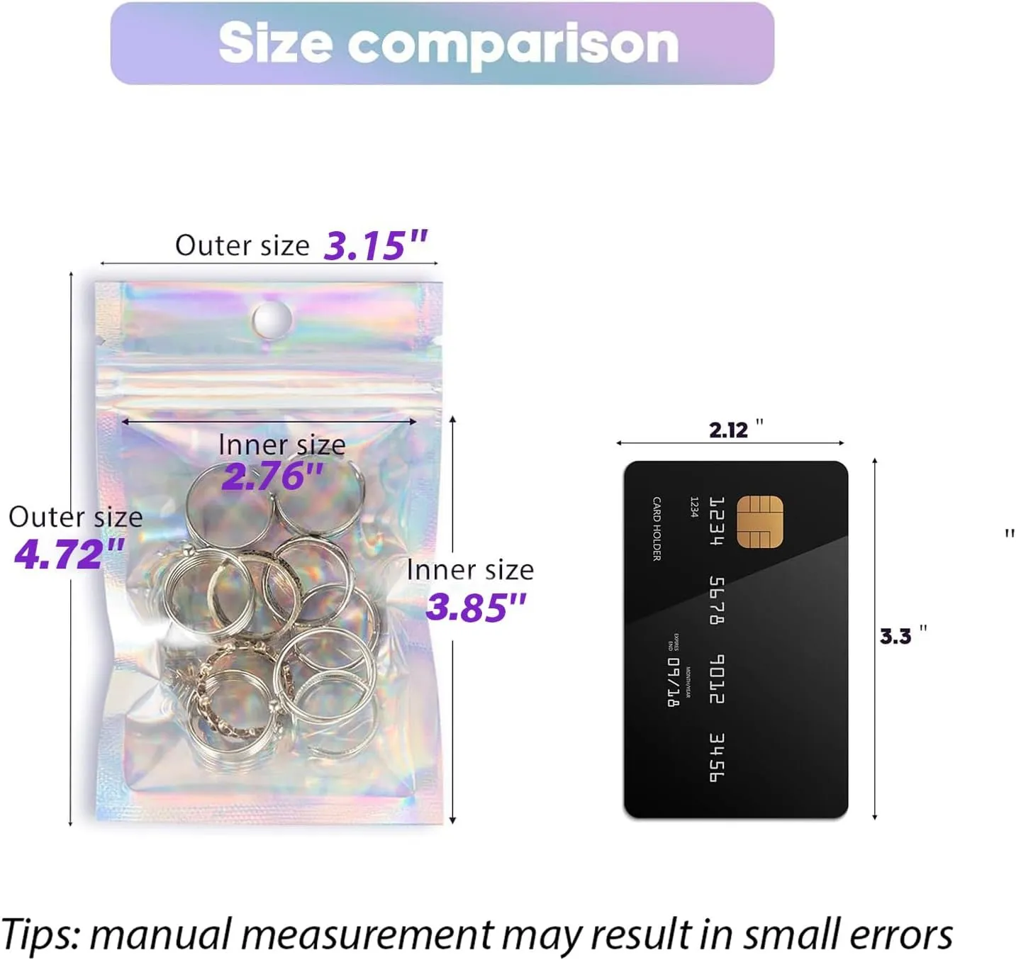 100Pcs Holographic Packaging Bags, 3x4 inch Resealable Foil Pouch Mylar Sample Bag Great for Small Business and Party Favor Food Storage……