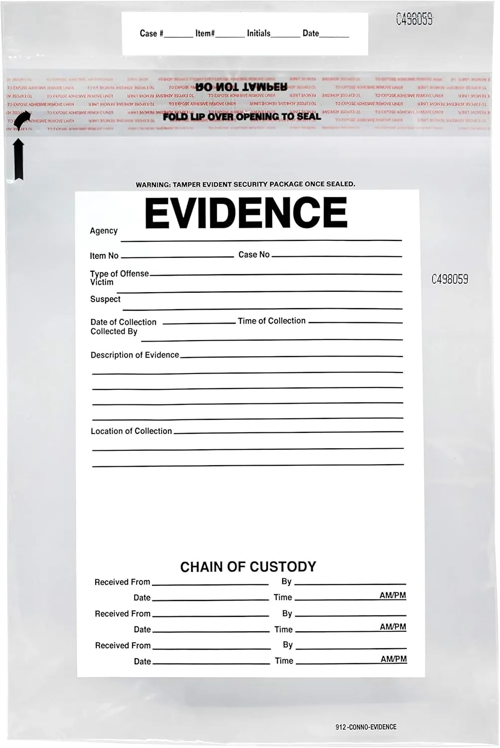 100pk Evidence Bags, 9" x 12" Transparent, Tamper Resistant Closure with Serialized Numbering - Secur-Pak