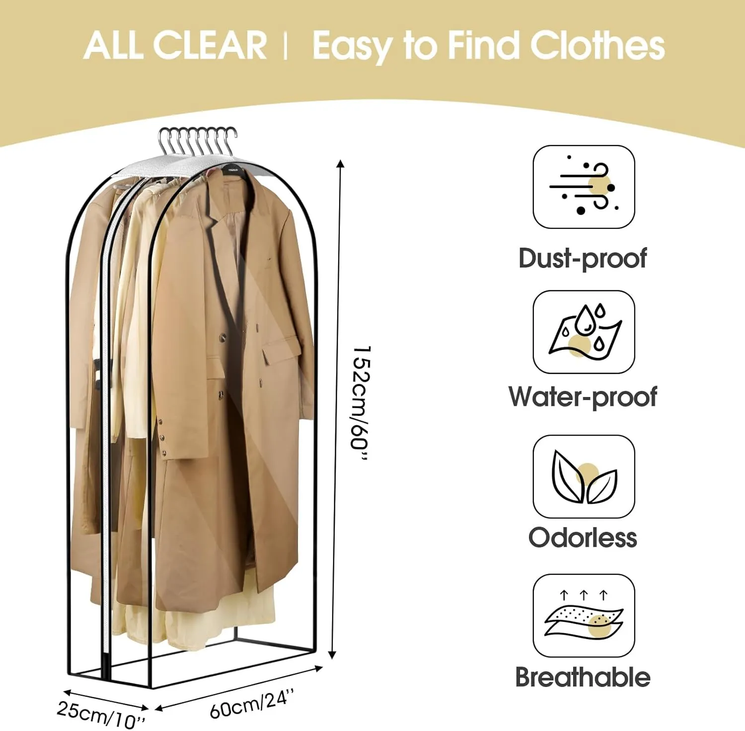 10" Gusseted Clear Garment Bags, 3 Pack 60" Suit Bags For Hanging Clothes, PEVA Waterproof Plastic Clothing Cover Bags For Coats, Dresses, Shirts, Closet Storage
