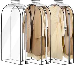 10" Gusseted Clear Garment Bags, 3 Pack 60" Suit Bags For Hanging Clothes, PEVA Waterproof Plastic Clothing Cover Bags For Coats, Dresses, Shirts, Closet Storage