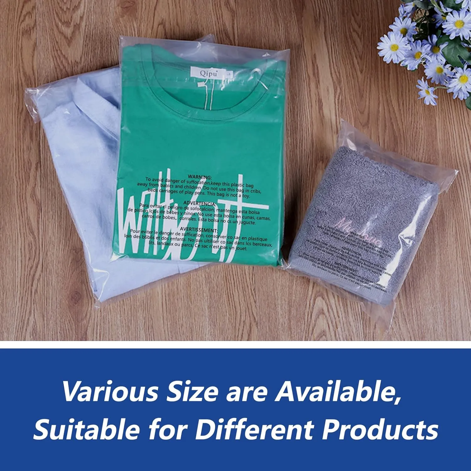 10" x 13" (100 Count) Self Seal Clear Poly Bags with Suffocation Warning for Packaging, Shipping, Clothing, Shirts & FBA - Resealable Adhesive