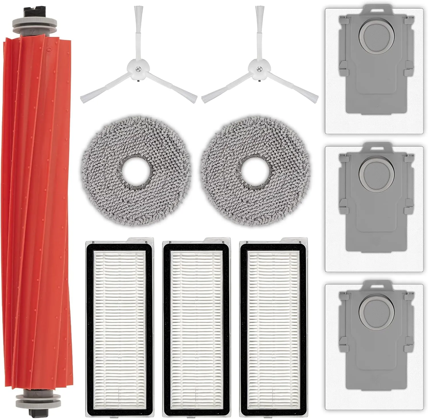 (11 Pack) QRevo S Replacement Parts Compatible with Roborock Qrevo S, Qrevo Pro, Qrevo MaxV, QRevo Plus Robot Vacuum, 1 Roller Brush, 2 White Side Brushes, 3 Dust Bags, 3 HEPA Filters, 2 Mop Pads