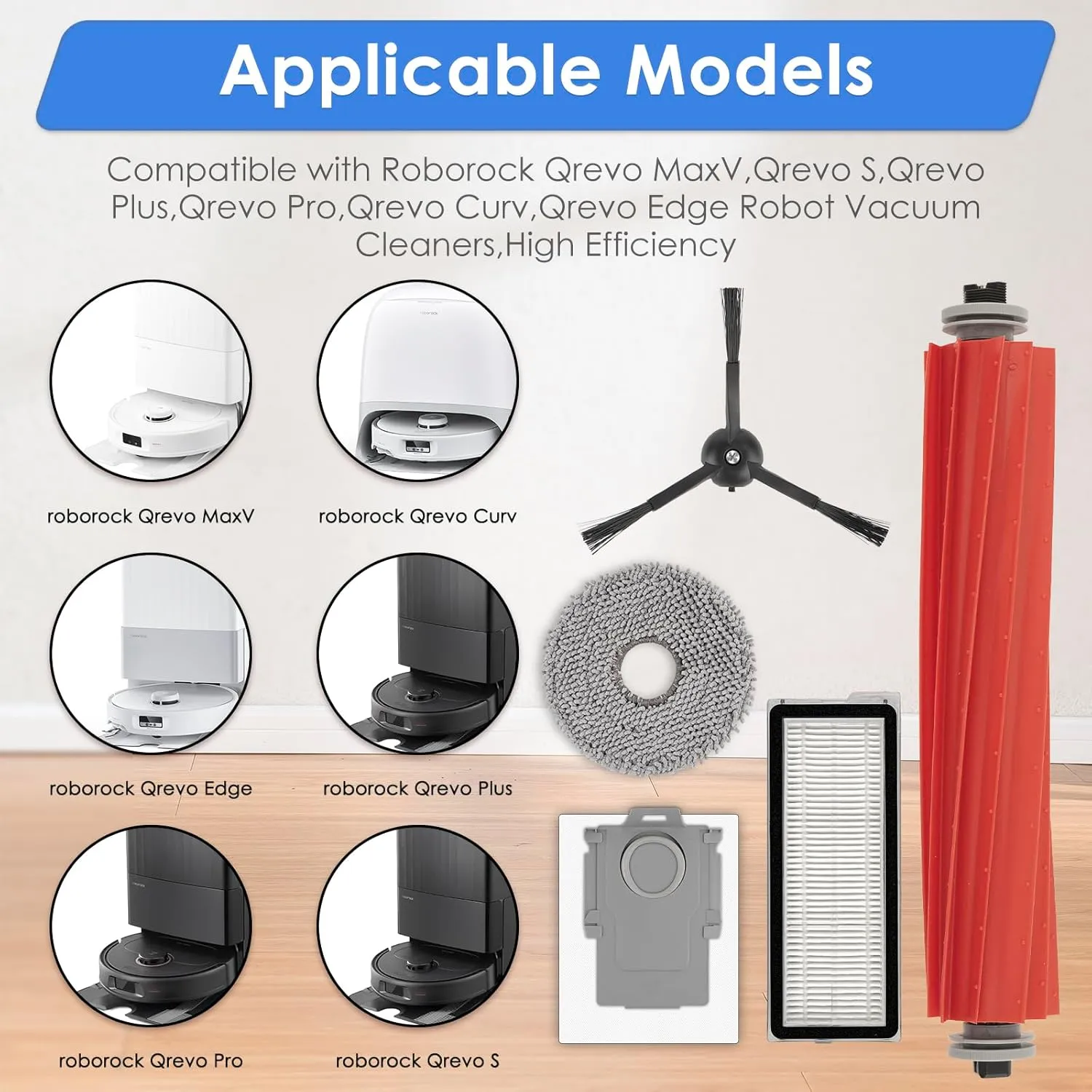 (11 Pack) QRevo S Replacement Parts Compatible with Roborock Qrevo S, Qrevo Pro, Qrevo MaxV, QRevo Plus Robot Vacuum, 1 Roller Brush, 2 White Side Brushes, 3 Dust Bags, 3 HEPA Filters, 2 Mop Pads