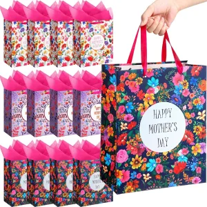 12 Pack 13" Large Happy Mothers Day Gift Bags Bulk with 20 Tissue Paper Floral Design Mothers Day Party Favor Bags with Handles for Mom Grandma Birthday Party Supplies