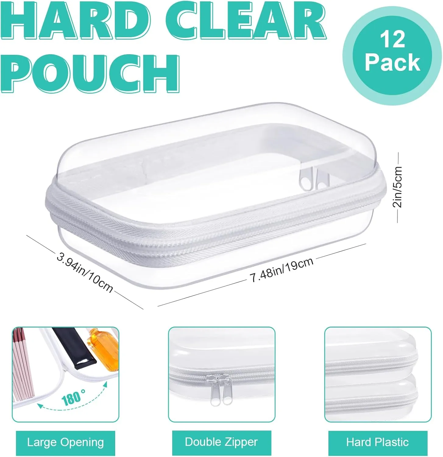 12 Pack Clear Hard Zipper Cases Transparent Hard Plastic Zipper Pouches Durable PVC Makeup Bags Cosmetic Snack Storage Organizer, Travel & Home Essentials (White, 7.48 x 3.94 x 2 Inch)