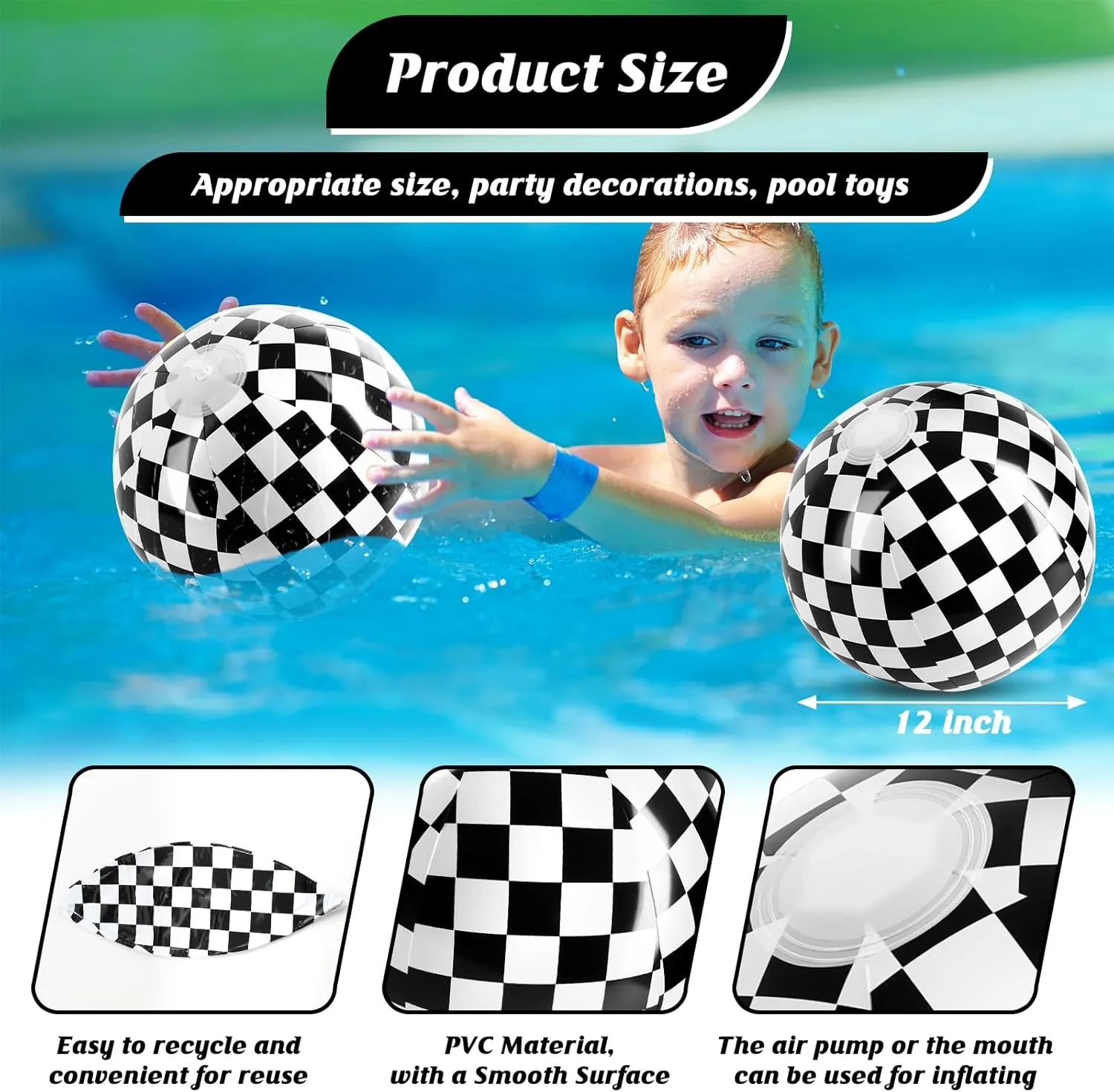 12PCS Race Car Checkered Flag Beach Ball Set–12" Vibrant Black & White Themed Beach Balls for Kids’ Racing Birthday Parties,Summer Pool Games, End of Year Class Decorations,Bulk Party Favors