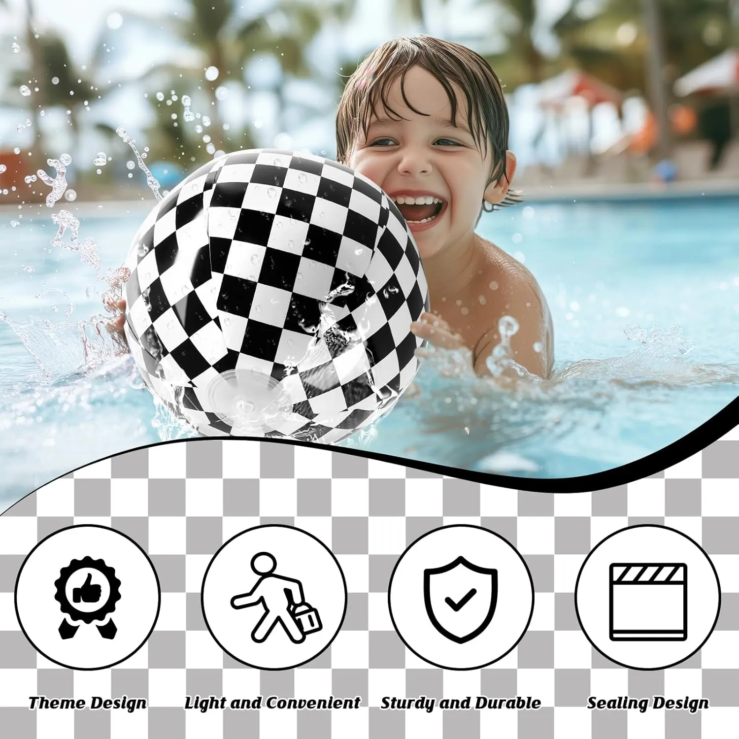 12PCS Race Car Checkered Flag Beach Ball Set–12" Vibrant Black & White Themed Beach Balls for Kids’ Racing Birthday Parties,Summer Pool Games, End of Year Class Decorations,Bulk Party Favors