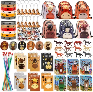 146Pcs Horse Party Favors Horse Goodie Bags with Drawstring Bag Notepads Keychain Silicone Wristbands Badges Stickers for Horse Themed Birthday Party Decorations