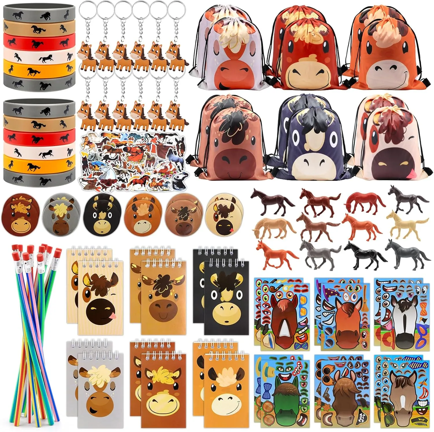 146Pcs Horse Party Favors Horse Goodie Bags with Drawstring Bag Notepads Keychain Silicone Wristbands Badges Stickers for Horse Themed Birthday Party Decorations