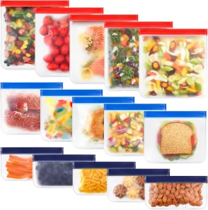 15 Packs Reusable Food Storage Bags, Freezer Bags, Snack Bags, Sandwich Bags, Preservation Bags (5 Large 5 Medium 5 Small) Reusable PEVA Bag Suitable for Dishwasher, BPA Free
