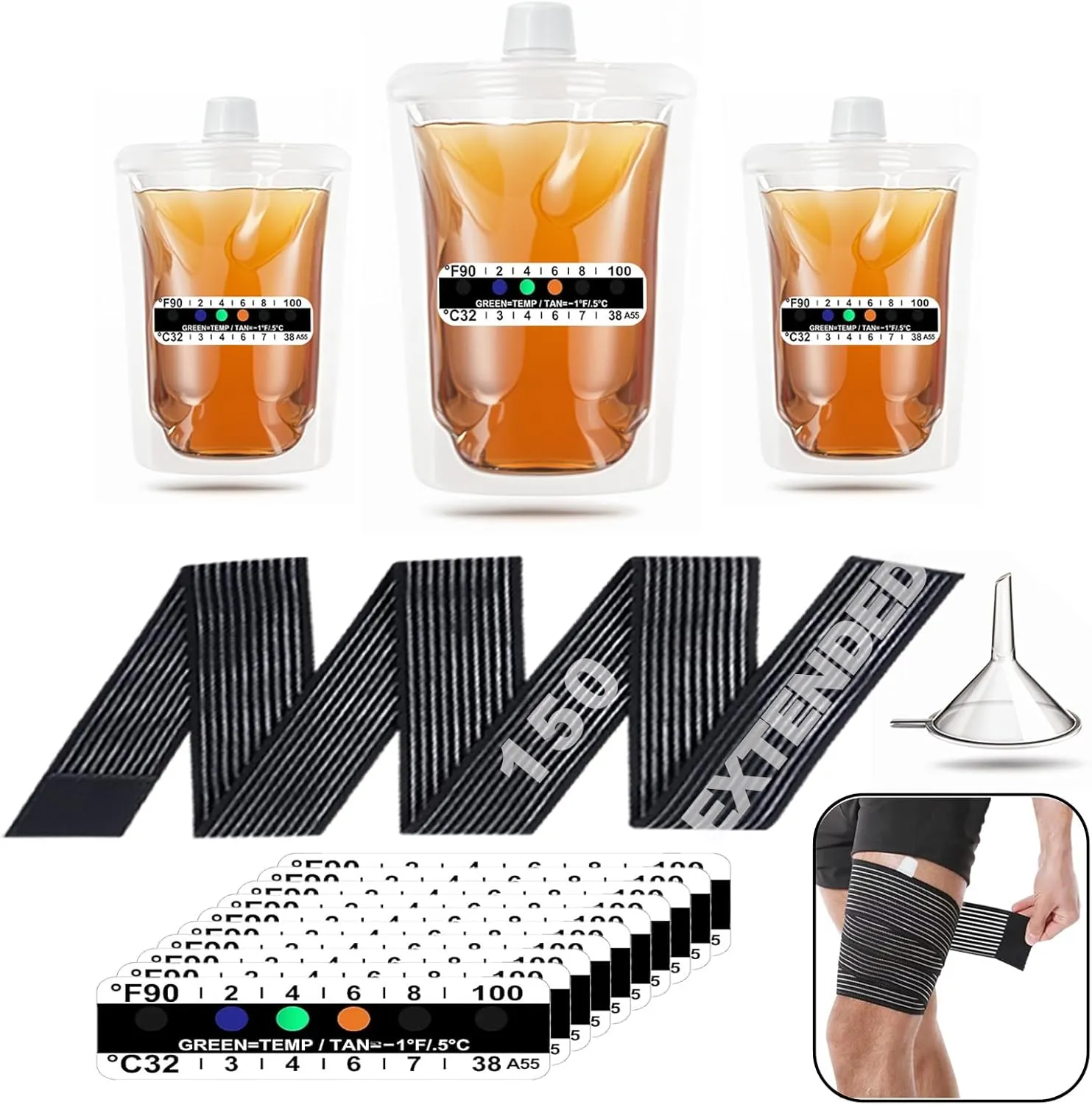 15 Pcs Urine Test Complete Kit Includes 3 Transparent Leakproof Bags,10 Adhesive Temperature Test Strips,59" Adjustable Leg Straps,Filling Funnel,Portable Travel Urine Test Bag