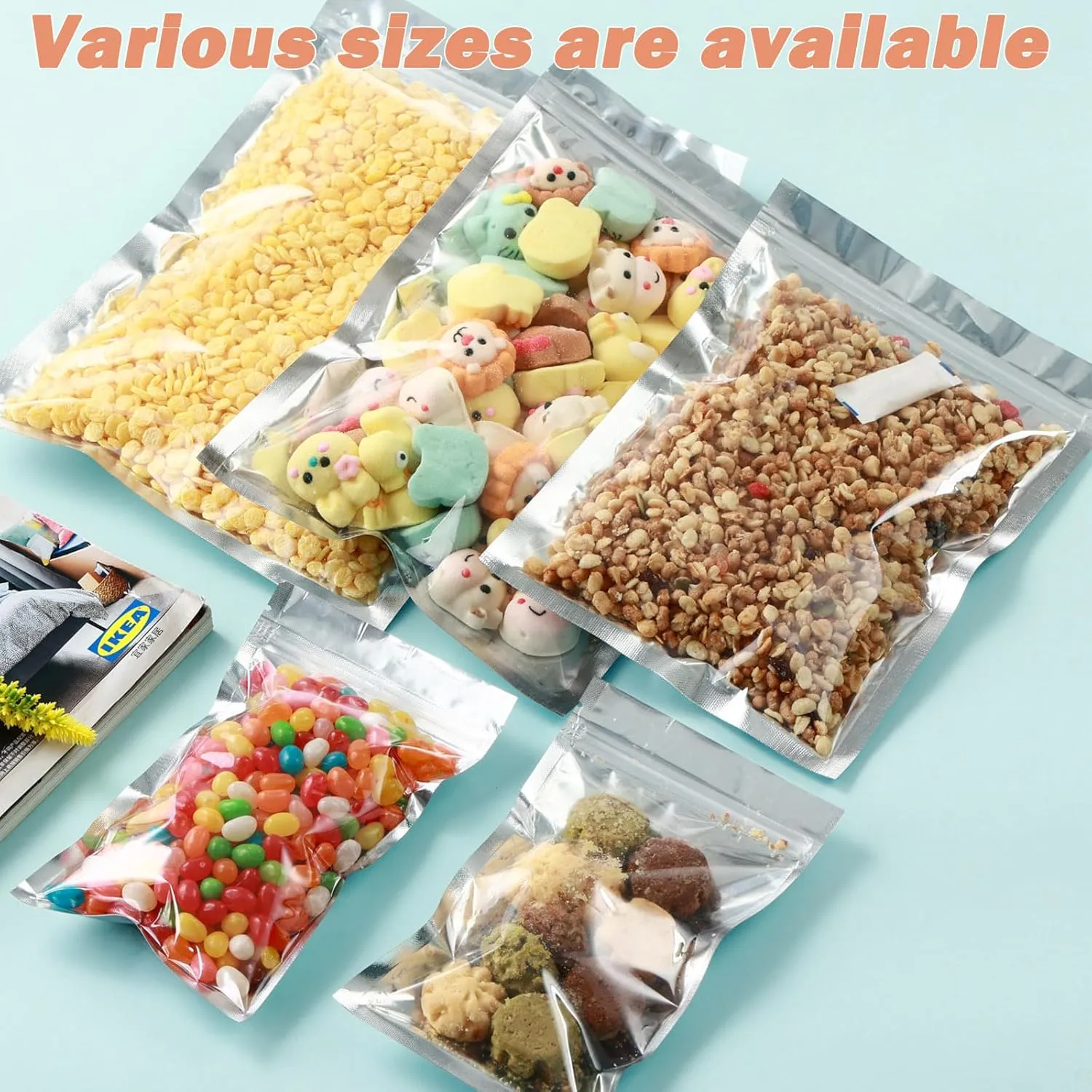 150-Pack Reclosable Large Mylar Bags for Food Storage 10.2" x 14.9" 1 Gallon Ziplock Pouch Bags in Bulk Resealable Smell Proof Aluminum Silver Foil Bag with Clear Window Edible Packaging