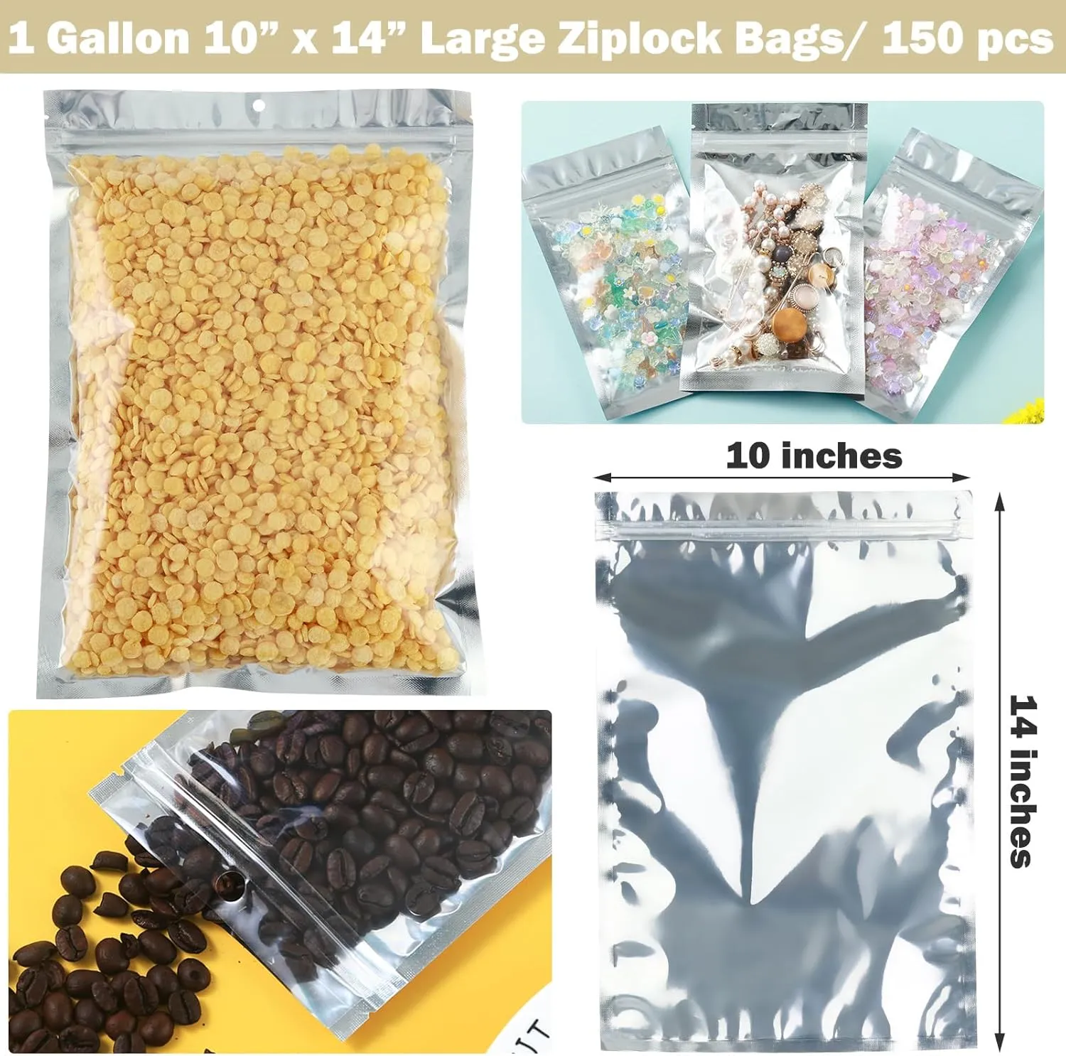 150-Pack Reclosable Large Mylar Bags for Food Storage 10.2" x 14.9" 1 Gallon Ziplock Pouch Bags in Bulk Resealable Smell Proof Aluminum Silver Foil Bag with Clear Window Edible Packaging