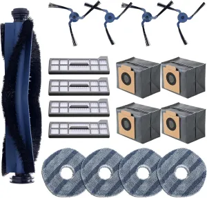 17PCS Spare Parts Compatible with eufy X10 Pro Omni Robot Vacuums Replacement Parts, 4 Dust Bags, 4 Washable Vacuum Mop Cloths, 4 Side Brushes, 4 HEPA Filters, 1 Main Brush, X10 Pro Omni Accessories