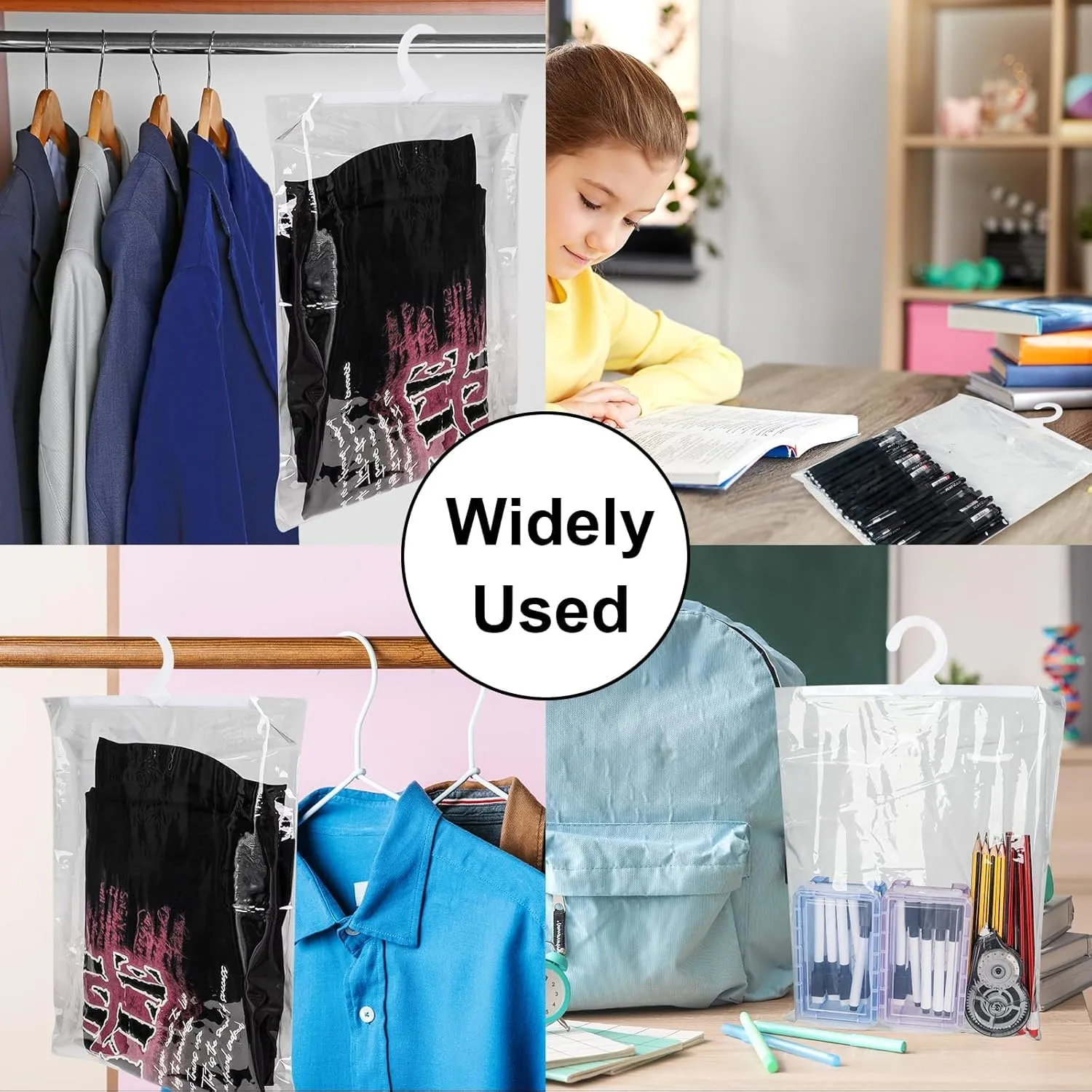 18 Pieces Large Hanging Storage Bags with Hanger 13" X11" Large Hook Hang-Up Clear Plastic Bags for Home Classroom, Library, and Pharmacy Use