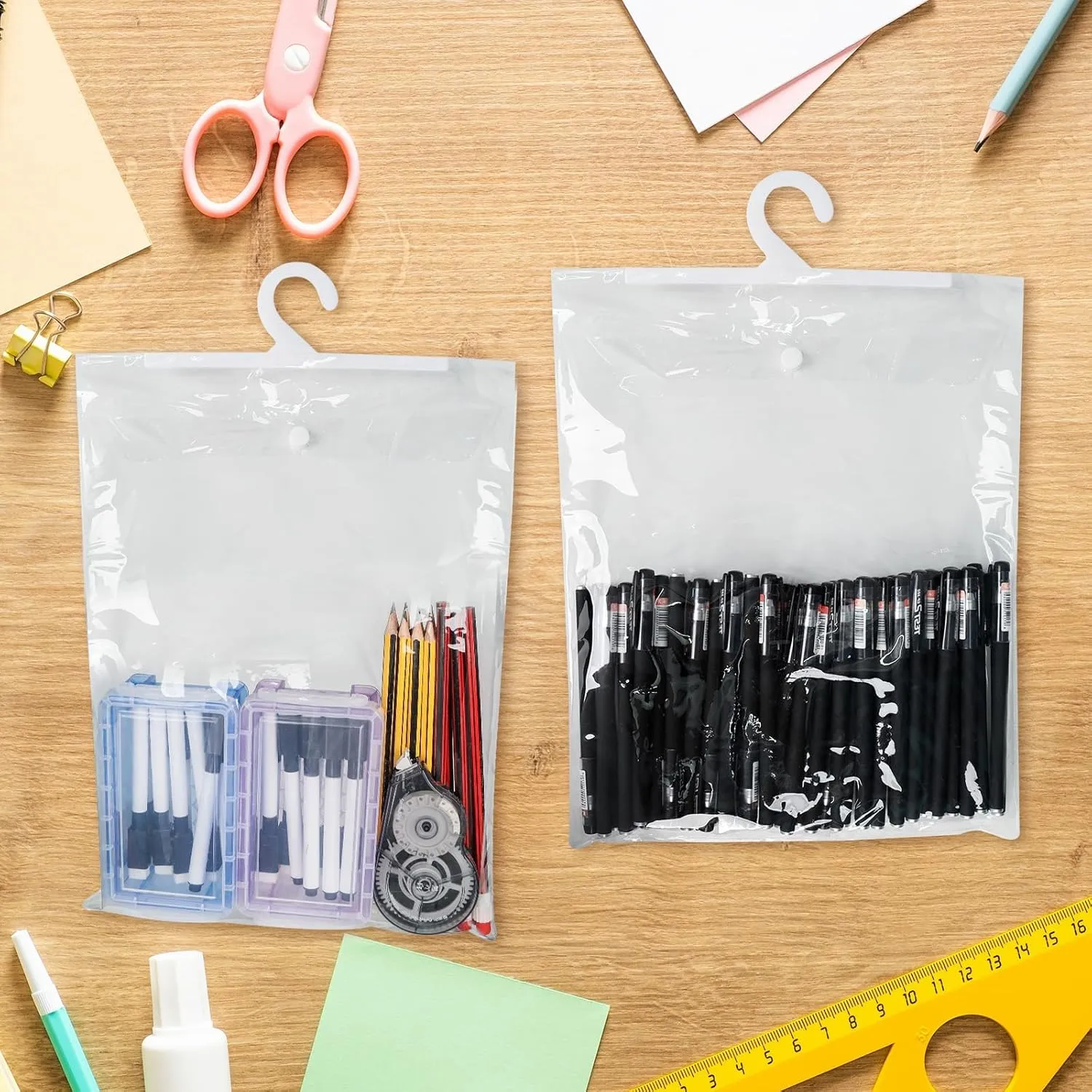 18 Pieces Large Hanging Storage Bags with Hanger 13" X11" Large Hook Hang-Up Clear Plastic Bags for Home Classroom, Library, and Pharmacy Use