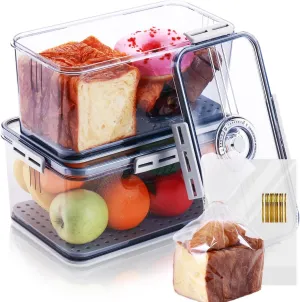 2 Pack Bread Box for Kitchen Countertop, Regular and Big Bread Container Storage Airtight Loaf, Large Breadbox for Bread Storage, Clear Refrigerator Lock Box for Fruit Storage with 50 Pcs Bread Bags