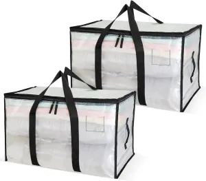 2 Pack Clear Large Storage Bags, 92L Moving Organizer Bags with Durable Zipper and Handle, Clothing Storage Bag, Storage Boxes for Bedding, Duvets, Comforters, Blankets, Pillow
