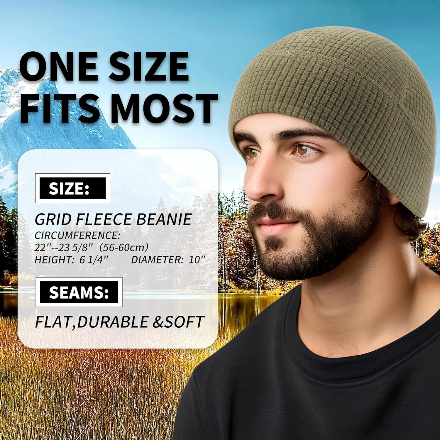 2 Pack Grid Fleece Beanie Watch Cap Waffle Beanie Tactical Army Military Skull Cap, All Weather Beanie
