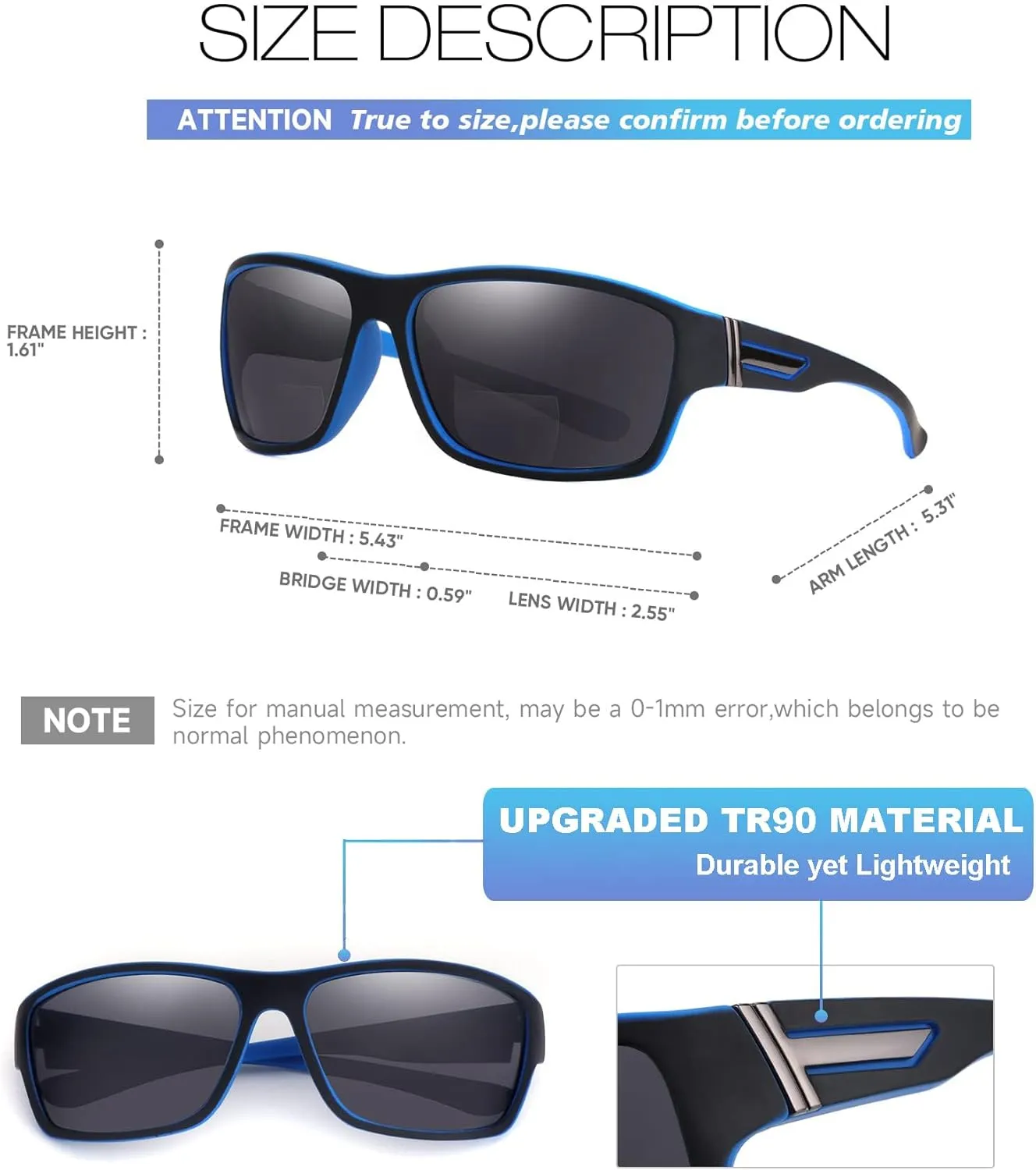 2 PACK Upgraded Unbreakable Bifocal Reading Sunglasses Men TR90 Frame Wrap Around Design Glasses UV400 Protection Outdoor Sun Reader Sports/Driving (Black & Blue  3.0)