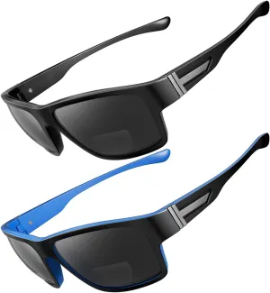 2 PACK Upgraded Unbreakable Bifocal Reading Sunglasses Men TR90 Frame Wrap Around Design Glasses UV400 Protection Outdoor Sun Reader Sports/Driving (Black & Blue  3.0)