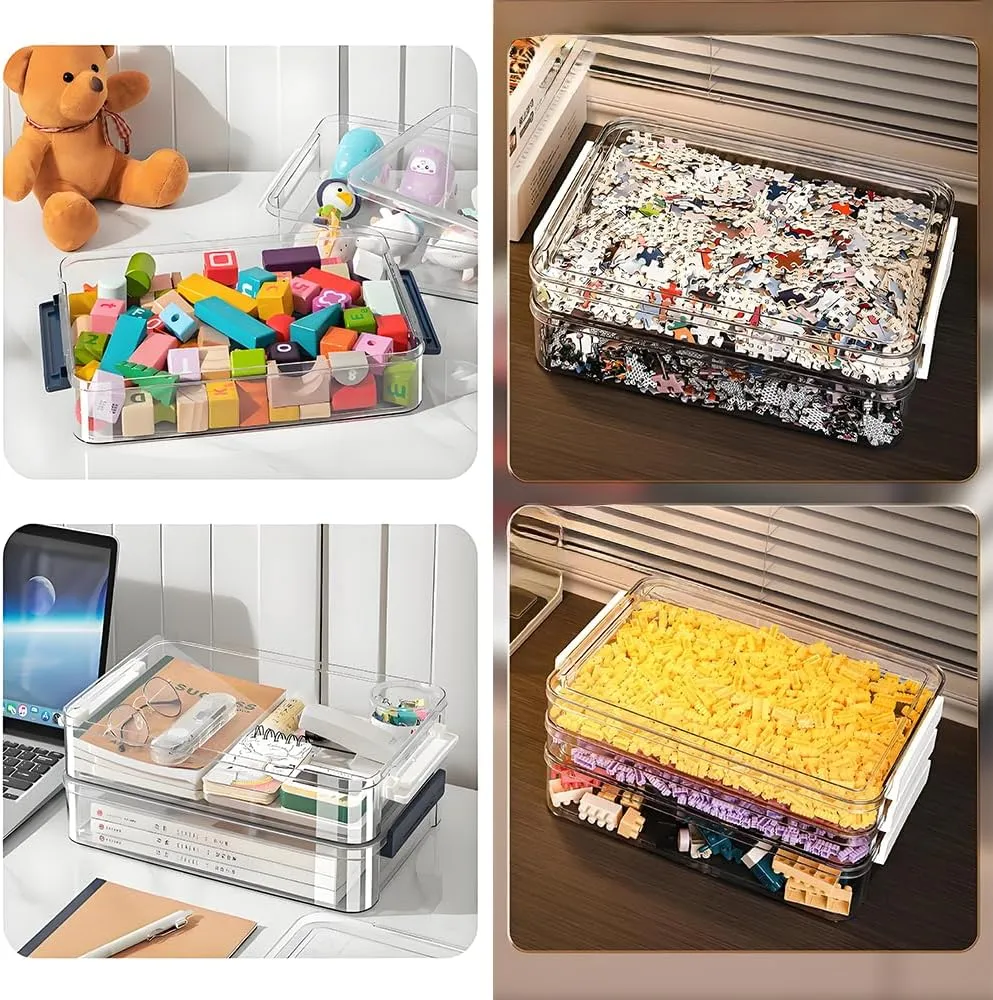 2 Pcs 5.5qt 9 x 13 Plastic Portable Project Case With Snap-Tight Latch, Clear Stackable Storage Boxes Organizer for A4 Files, Photos, Scrapbooks, Art Supplies(‎Blue Latch, Small)