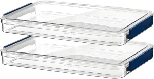 2 Pcs 5.5qt 9 x 13 Plastic Portable Project Case With Snap-Tight Latch, Clear Stackable Storage Boxes Organizer for A4 Files, Photos, Scrapbooks, Art Supplies(‎Blue Latch, Small)