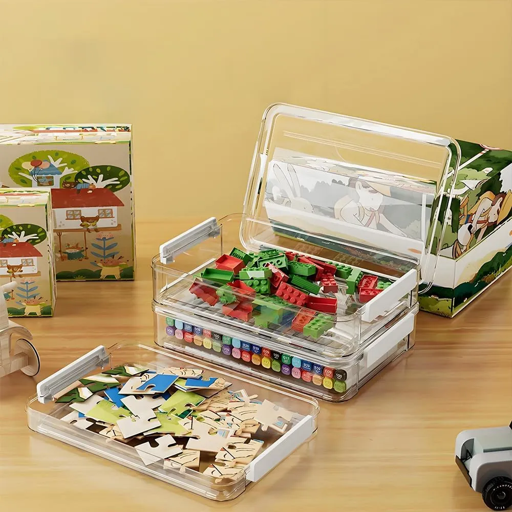 2 Pcs 5.5qt 9 x 13 Plastic Portable Project Case With Snap-Tight Latch, Clear Stackable Storage Boxes Organizer for A4 Files, Photos, Scrapbooks, Art Supplies(‎Blue Latch, Small)