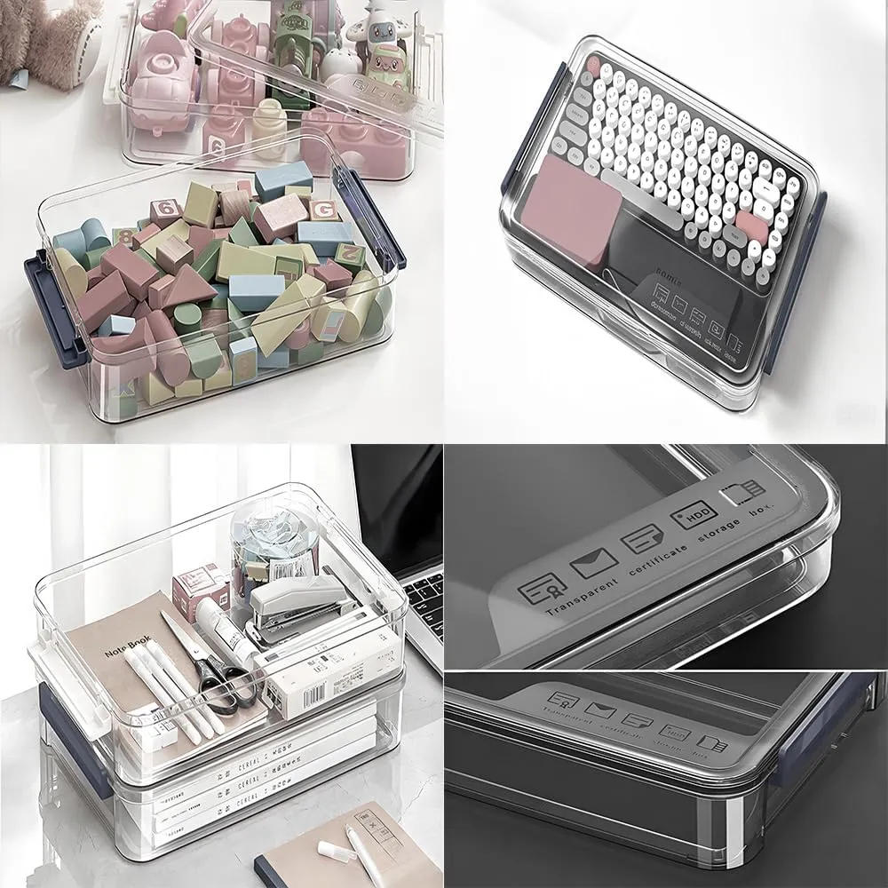 2 Pcs 5.5qt 9 x 13 Plastic Portable Project Case With Snap-Tight Latch, Clear Stackable Storage Boxes Organizer for A4 Files, Photos, Scrapbooks, Art Supplies(‎Blue Latch, Small)