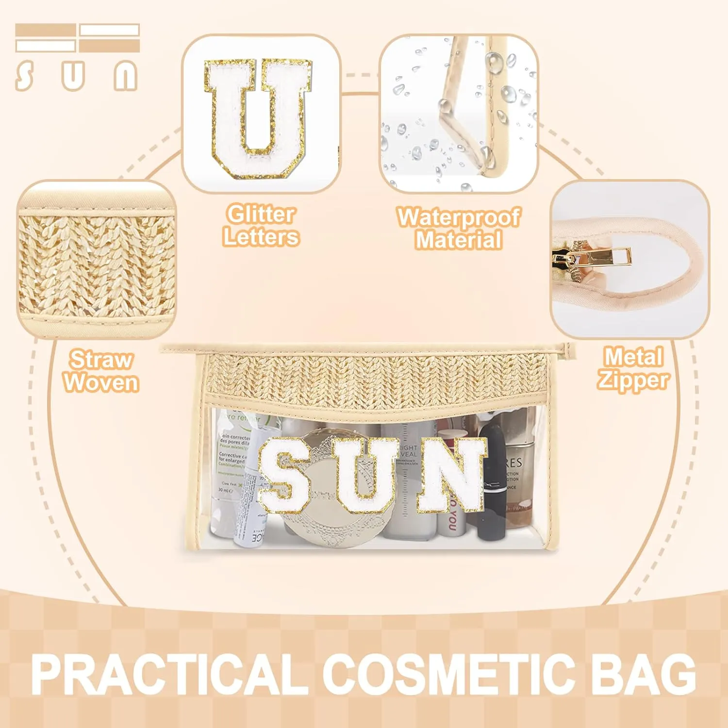 2 PCS Small Boho Straw Clear Sun Makeup Bags for Women&Girls, Zipper Cosmetic Bag Chenille Varsity Letter Patch Bag, Preppy Cute Toiletry Pouch, Trendy Organizer Storage Bag for Beach Travel