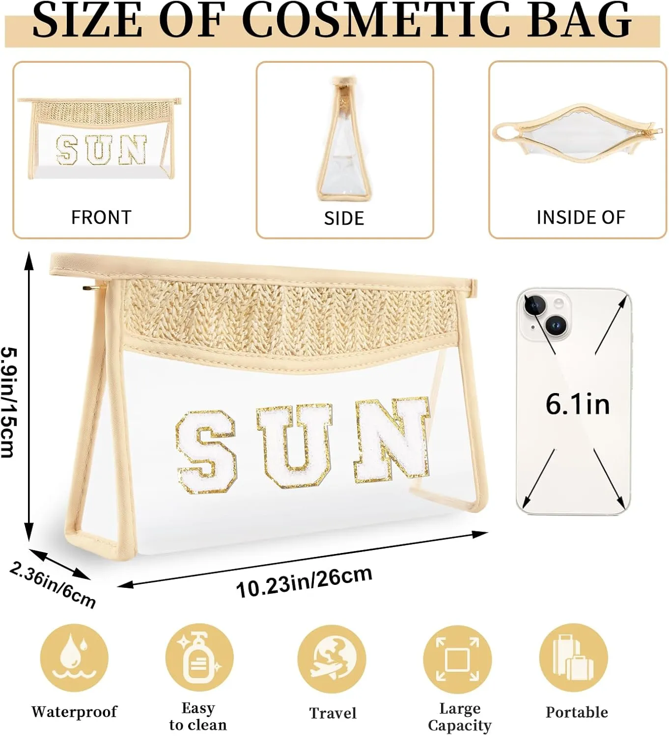 2 PCS Small Boho Straw Clear Sun Makeup Bags for Women&Girls, Zipper Cosmetic Bag Chenille Varsity Letter Patch Bag, Preppy Cute Toiletry Pouch, Trendy Organizer Storage Bag for Beach Travel